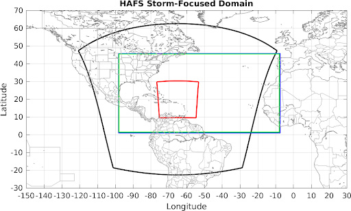 Map of the globe containing three nested squares in variable colors which represent different levels of accuracy in hurricane forecast prediction. 