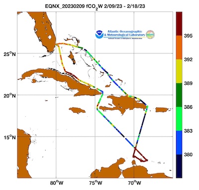 equinox cruise track showing color coded fco2 data derived from  data that can be found in the csv data file. 