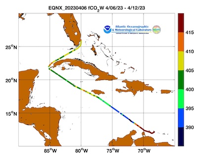 equinox cruise track showing color coded fco2 data derived from  data that can be found in the csv data file. 