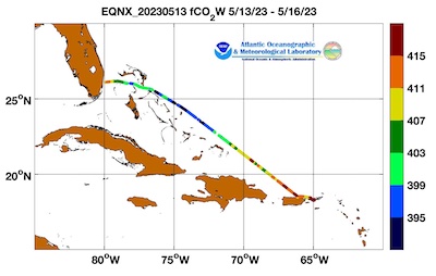 equinox cruise track showing color coded fco2 data derived from  data that can be found in the csv data file. 