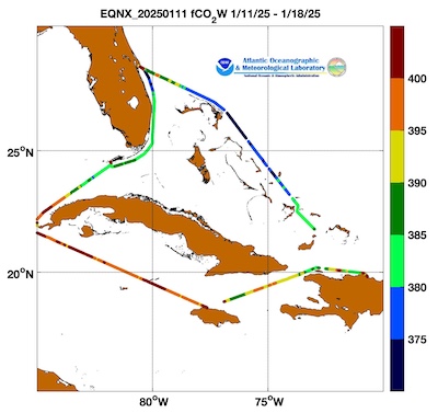 equinox cruise track showing color coded fco2 data derived from  data that can be found in the csv data file. 