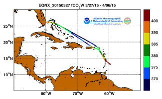 equinox cruise track showing color coded fc02 data derived from  data that can be found in the csv data file. 
