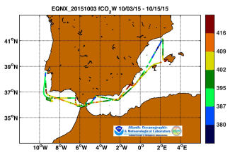 equinox cruise track showing color coded fc02 data derived from data that can be found in the csv data file.