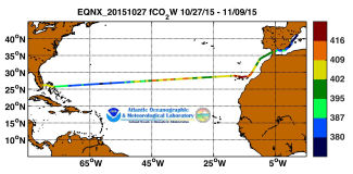 equinox cruise track showing color coded fc02 data derived from data that can be found in the csv data file.