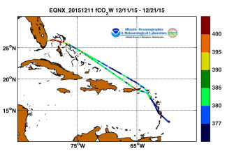 equinox cruise track showing color coded fc02 data derived from  data that can be found in the csv data file. 