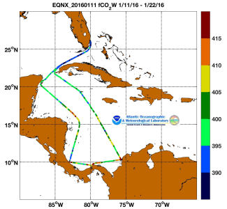 equinox cruise track showing color coded fc02 data derived from data that can be found in the csv data file.