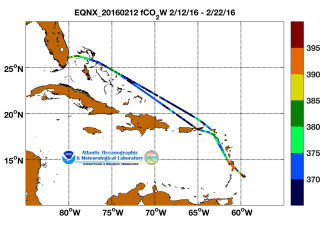 equinox cruise track showing color coded fc02 data derived from data that can be found in the csv data file.