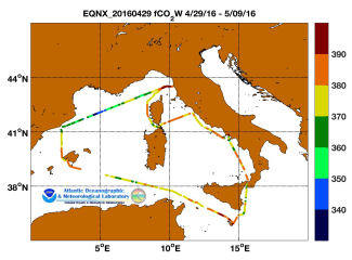 Equinox cruise track showing color coded fc02 data derived from data that can be found in the csv data file.