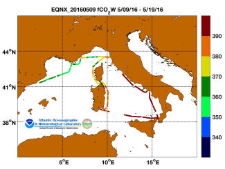 Equinox cruise track showing color coded fc02 data derived from data that can be found in the csv data file.