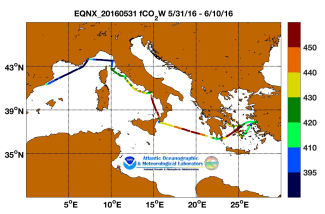 Equinox cruise track showing color coded fc02 data derived from data that can be found in the csv data file.
