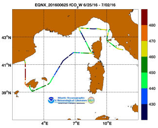 Equinox cruise track showing color coded fc02 data derived from data that can be found in the csv data file.
