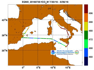 Equinox cruise track showing color coded fc02 data derived from data that can be found in the csv data file.