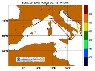Equinox cruise track showing color coded fc02 data derived from data that can be found in the csv data file.