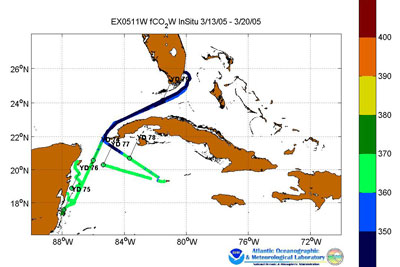 Explorer cruise track showing color coded xc02 data derived from  data that can be found in the csv data file. 