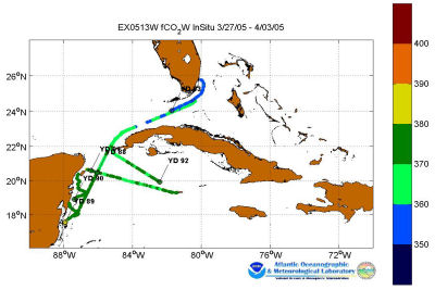 Explorer cruise track showing color coded xc02 data derived from  data that can be found in the csv data file. 