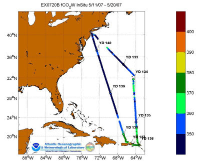 Explorer cruise track showing color coded xc02 data derived from data that can be found in the csv data file. 
