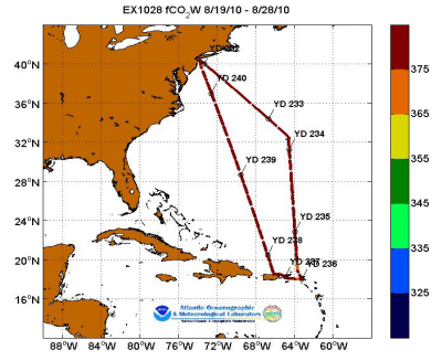 Explorer cruise track showing color coded fc02 data derived from  data that can be found in the csv data file. 