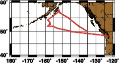 A map showing the track of the HARUPHONE/TSUNAMI 2000 cruise.  Leg 1 goes from Seattle, WA to Kodiak, AK, parallels the Aleutian Islands to 54 N, 158 W, jogs down to 52 N, 158 W, and then returns to Seattle.