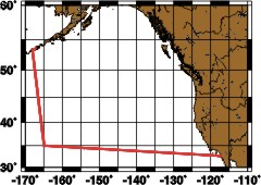 A map showing the cruise track of the NOPP 2000 cruise going from Dutch Harbor, AK to San Diego, CA.