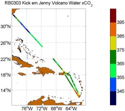 A map showing the track of the Kick em Jenny Volcano cruise from San Juan, Puerto Rico to Charleston, South Carolina.