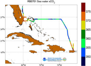 A map showing the track of the Western Boundary Time Series cruise from Charleston, SC to San Juan, Puerto Rico.