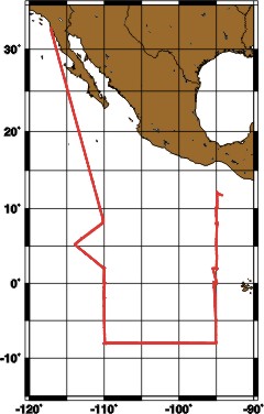 A map showing the cruise track of the TAO 2000 cruise going from San Diego, CA  to the Panama Canal.