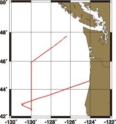 A map showing the track of the TSUNAMI/VENTS 2000 cruise.  Leg 1 goes from Seattle, WA to 46 N, 130 W, follows the 130 W line south to 42.5 N, jogs up to 43 N, 131 W, and then steams into Newport, OR.