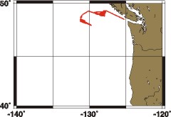 A map showing the cruise track of the VENTS cruise going from Newport, OR to Seattle, WA. Data collected is in an area bounded by 47 N, 49 N, 132 W, and 125 W.