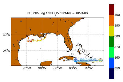 R/V Gordon rvgunter cruise track showing color coded fc02 data derived from data that can be found in the csv data file. 
