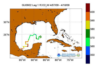 R/V Gordon Gunter cruise track showing color coded fc02 data derived from data that can be found in the csv data file.