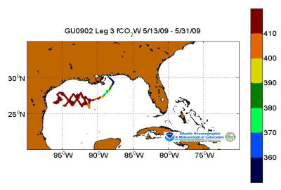 R/V Gordon Gunter cruise track showing color coded fc02 data derived from data that can be found in the csv data file.
