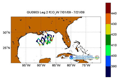 R/V Gordon Gunter cruise track showing color coded fc02 data derived from data that can be found in the csv data file.
