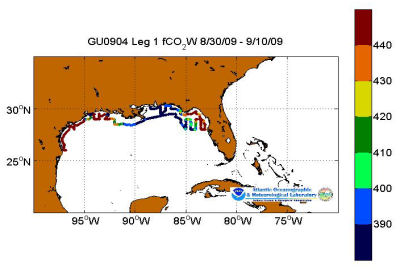 R/V Gordon Gunter cruise track showing color coded fc02 data derived from data that can be found in the csv data file.
