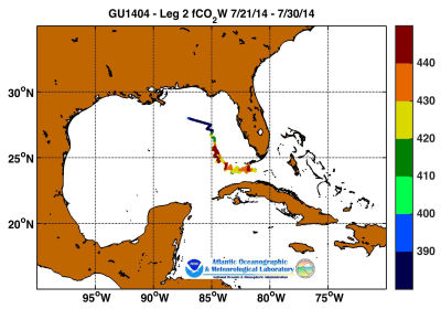 R/V Gordon Gunter cruise track showing color coded fc02 data derived from data that can be found in the csv data file. 