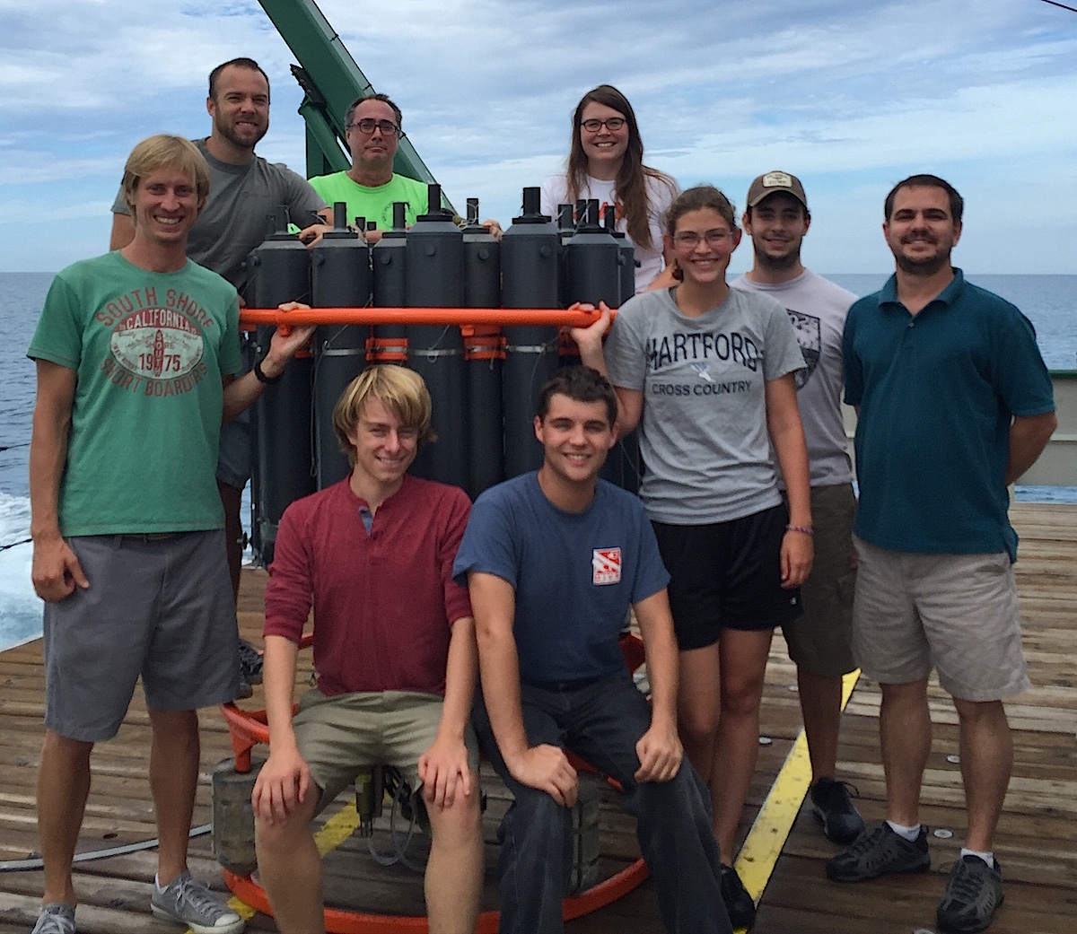 AOML physical oceanographers and summer interns with the CTD on the back of the F.G. Walton Smith. Image credit: NOAA