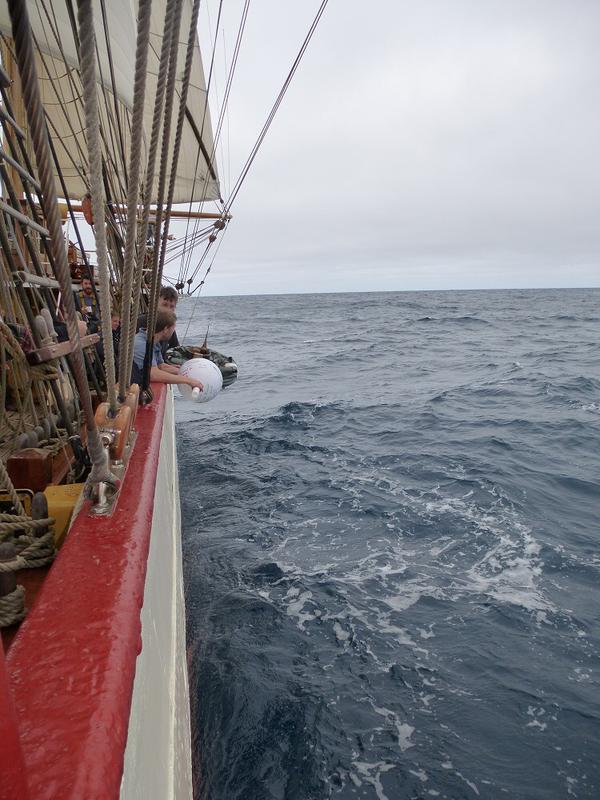 A drifting buoy being deployed from the Bark Europa off South Africa (credit: NOAA/AOML)