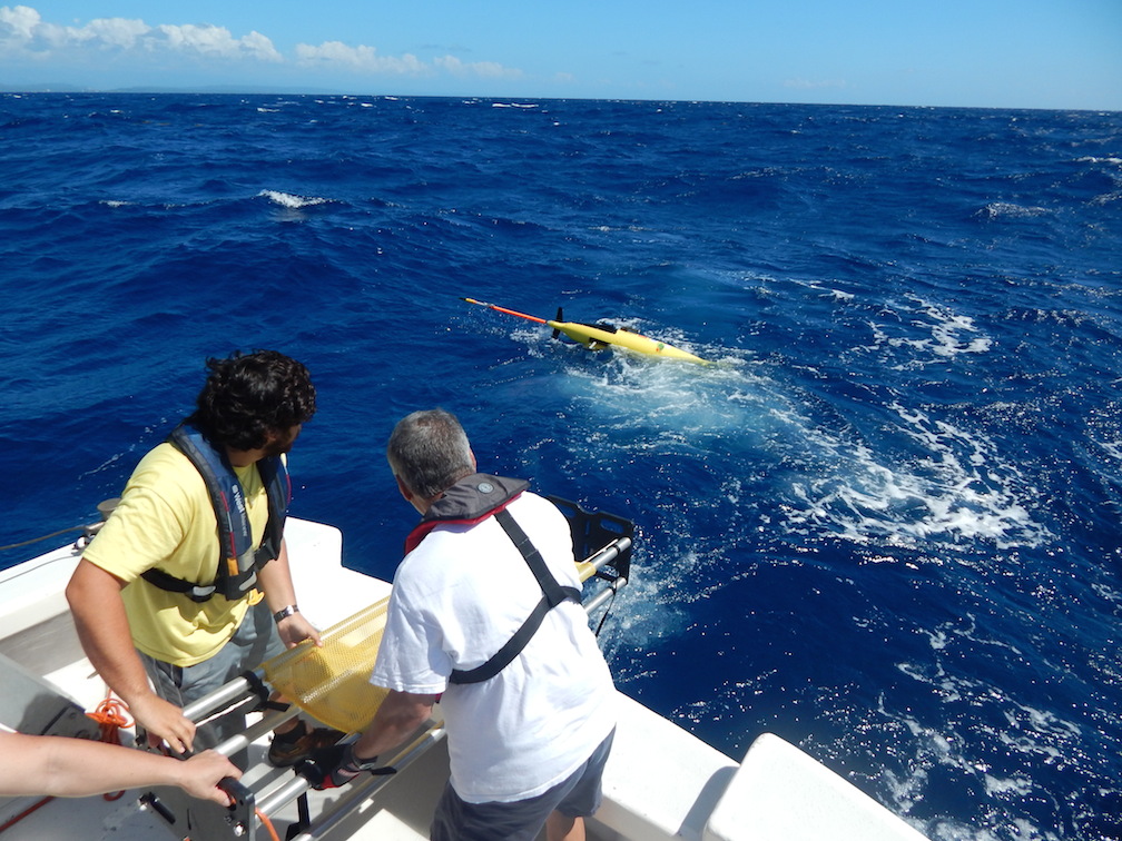 Professor Julio Morell and Luis Pomales of The University of Puerto Rico at Mayaguez deploy the underwater glider.