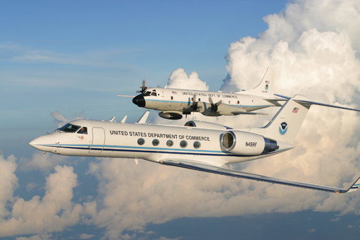 NOAA's P-3 Orion an dG-IV hurricane hunter aircraft