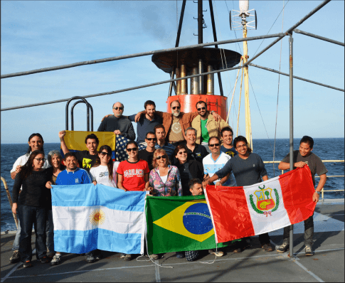 Science party aboard the Argentine research vessel ARA Puerto Deseado during a cruise to study the Meridional Overturning Circulation in the South Atlantic on October 4-16, 2014. Credit: SHN Argentina