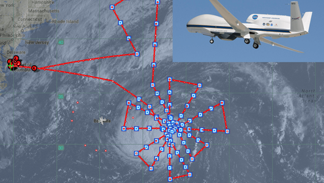 NASA's Global Hawk and the flight pattern created by AOML hurricane researchers to observer Hurricane Edouard. Image credit: NASA