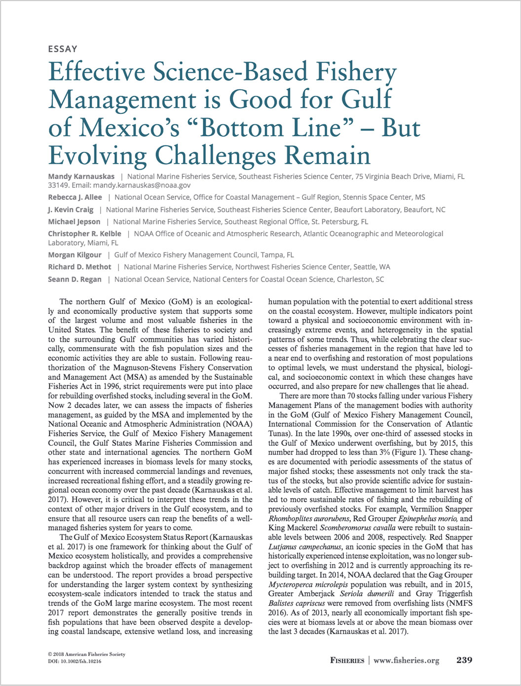 Essay: Effective Science- Based Fishery Management is Good for Gulf of Mexico’s “Bottom Line” – But Evolving Challenges Remain