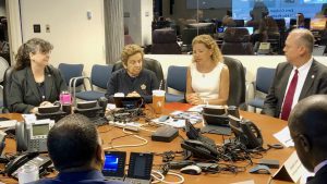 Deputy director of AOML, Molly Baringer briefs Congresswomen Debbie Wasserman Schultz and Donna Shalala on advancements in the field of hurricane research. National Hurricane Center Director, Ken Graham, and Meteorologist-in-Charge for Miami, Pablos Santos, also joined the briefing.