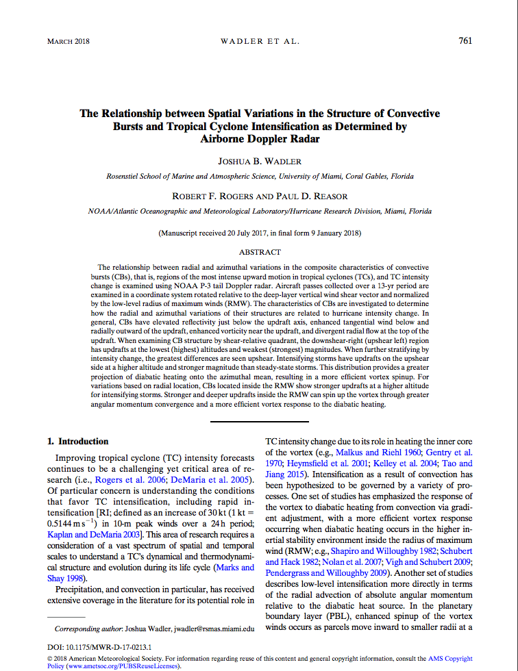 Imagen de la publicación: Wadler, J.B., R.F. Rogers y P.D. Reasor. La relación entre las variaciones espaciales de la estructura de las ráfagas de convección y la intensificación de los ciclones tropicales utilizando un radar Doppler aéreo. Monthly Weather Review, 146(3):761-780, doi:10.1175/MWR-D-17-0213.1 2018