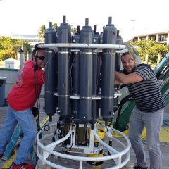 CTD/O2/LADCP instrument being loaded onto the deck of the R/V F.G. Walton Smith. Image credit: NOAA