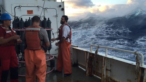 Working on the deck of the R/V Endeavor during high seas. Image credit: NOAA
