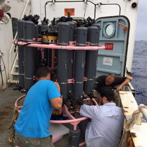 Installing a new ADCP on the CTD rosette. Image credit: NOAA