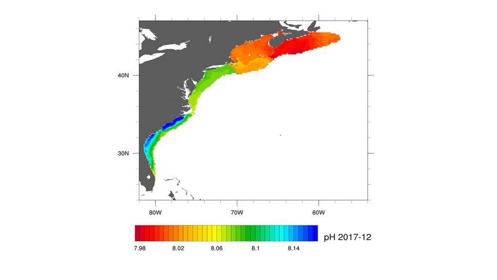 Compiled Map image of the US East Coast showing a colored image representing ocean acidification.