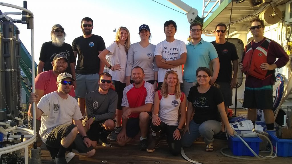 Photo of the Red Tide Cruise scientists on the deck of the R/V Walton Smith. Photo Credit: NOAA/ AOML