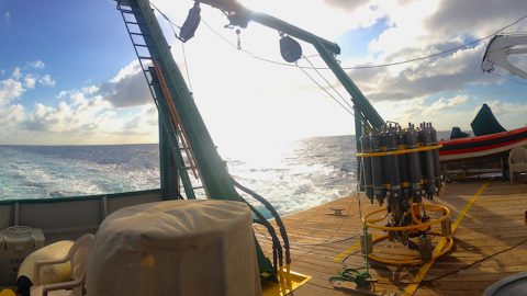 The deck on the R/V Walton Smith where the CTD equipment is launched and retrieved. Image credit: NOAA