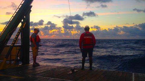 AOML scientists Pedro Pena and Robert Roddy monitor the retrieval of the CTD. Image credit: NOAA
